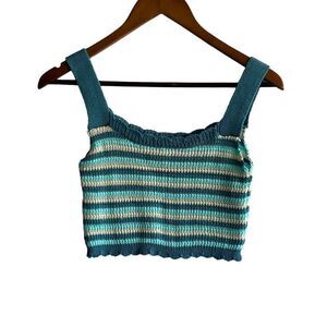 Turquoise Striped Knit Crochet Crop Top